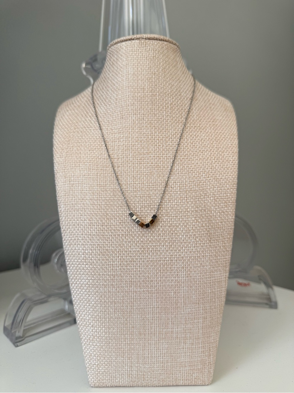 Mixed Metal Cube Bead Necklace - Silver Chain with Gold & Silver Accents